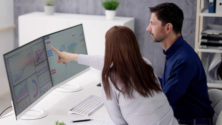 Two people looking at a computer monitor