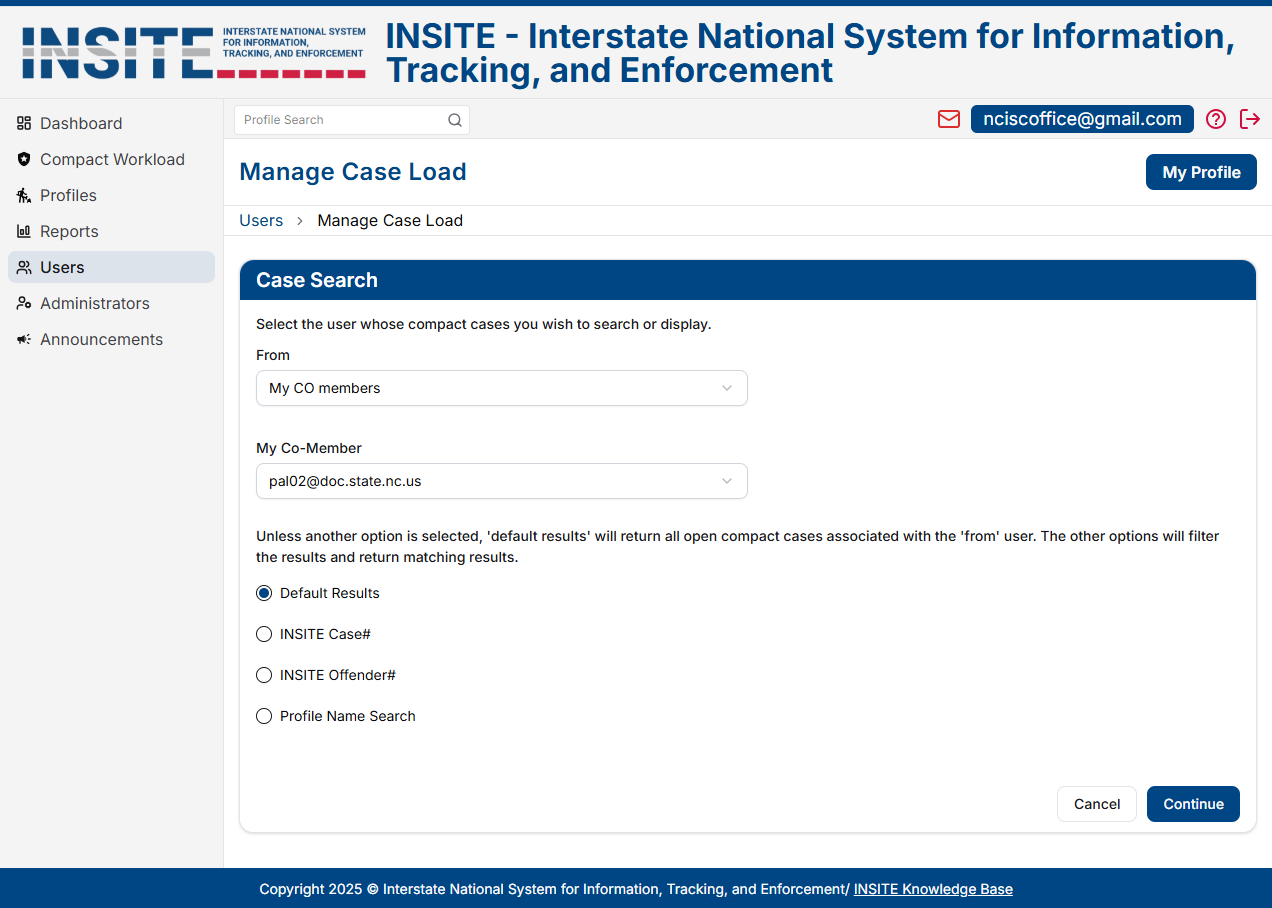 Manage Case Load search screen