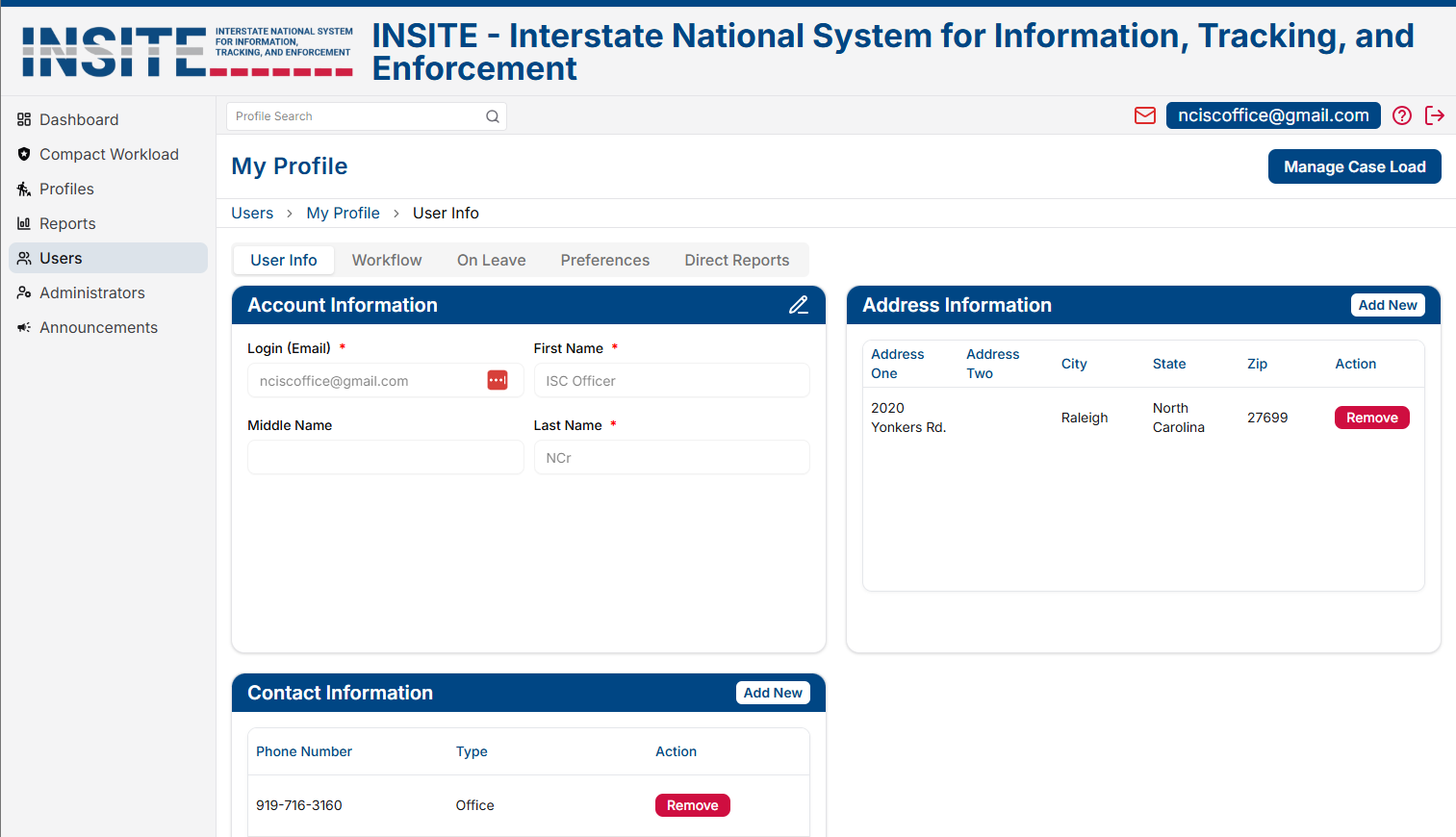 INSITE User Profile - User Info