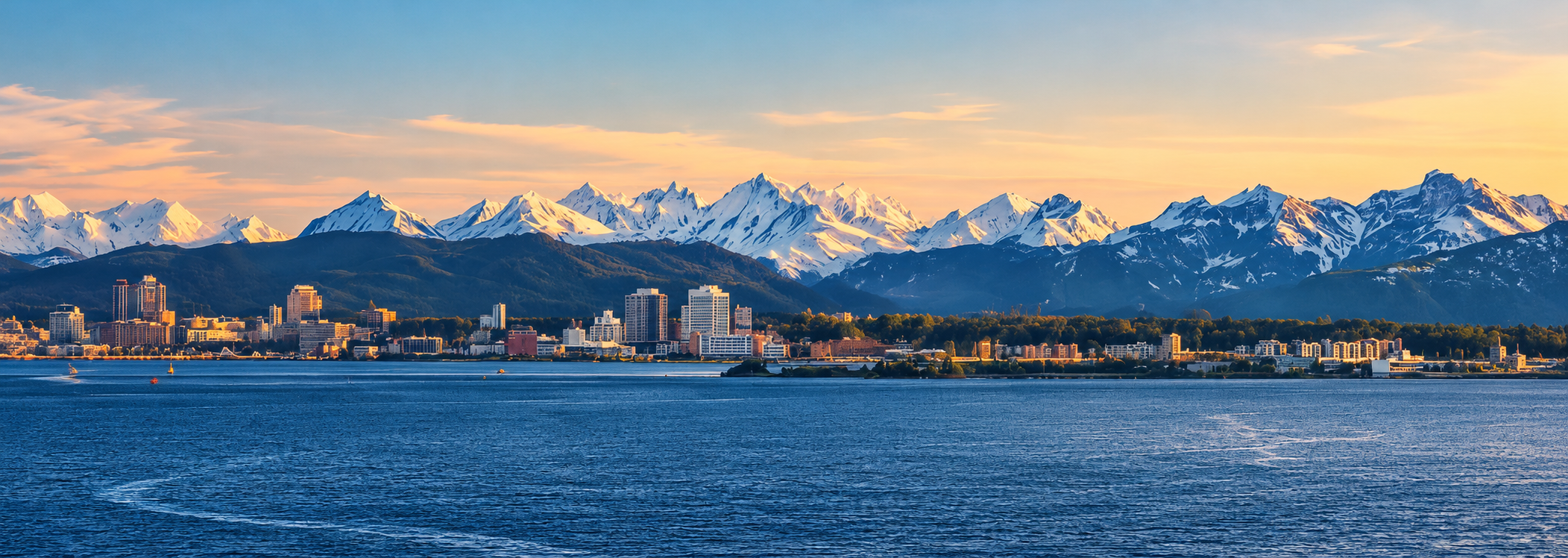 Golden-Hour City Beneath Snowy Peaks